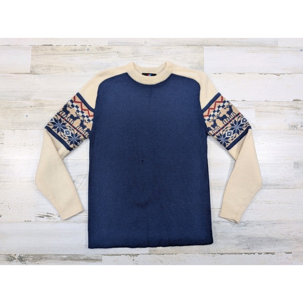 Vintage White Stag Sweater Womens Medium Wool Fair Isle Blue White ActionSports